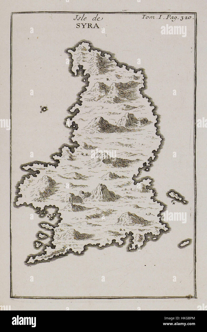 La mappa dell'isola di Syra di Joseph Pitton de Tournefort del 1717 è una precisa rappresentazione cartografica dell'isola del Mar Egeo. Tournefort, botanico ed esploratore francese, ha illustrato meticolosamente la costa e il terreno dell’isola, contribuendo alla conoscenza della geografia greca. Foto Stock