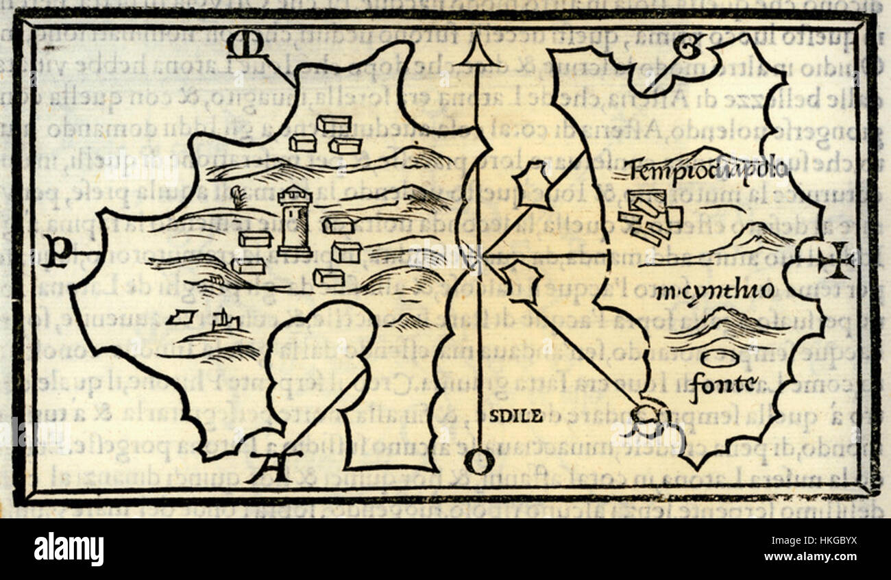 Questa mappa del 1547 di Benedetto Bordone raffigura l'isola di Delo, in Grecia, nota per il suo significato storico nella cultura greca antica. La mappa illustra le caratteristiche geografiche e i punti di riferimento culturali dell'isola, evidenziando il suo ruolo di importante centro religioso. Foto Stock