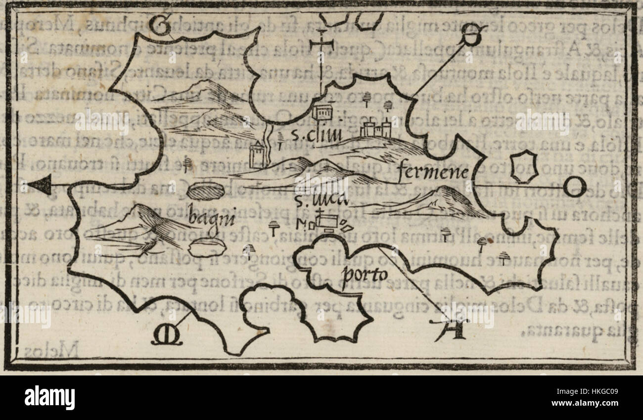 Questa mappa del 1547 di Citnos, un'isola greca nel Mar Egeo, è stata creata da Benedetto Bordone. La mappa fornisce una prospettiva storica sulla geografia dell'isola, evidenziando le posizioni e le caratteristiche principali, offrendo informazioni preziose sulla navigazione marittima e sulla cartografia dell'epoca. Foto Stock