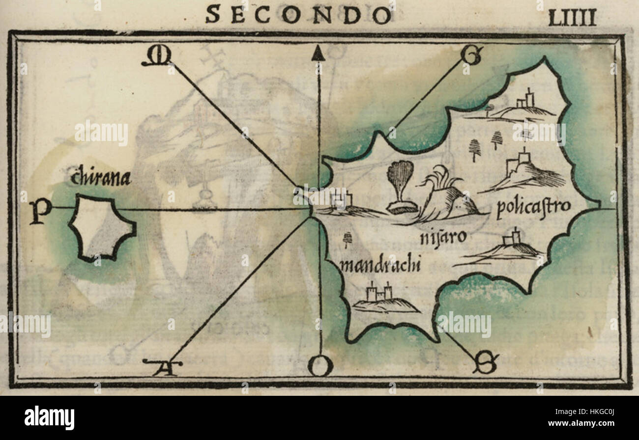 Questa mappa del 1547 di Benedetto Bordone raffigura le isole di Nisiro e Pacheia in Grecia. La mappa storica evidenzia le caratteristiche geografiche e la disposizione costiera di queste isole durante il periodo rinascimentale, offrendo una preziosa panoramica sulla cartografia e la geografia mediterranea. Foto Stock