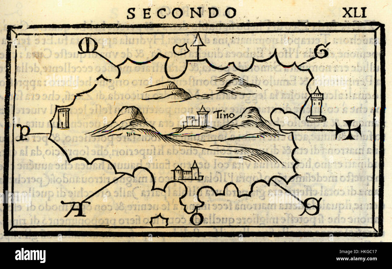 Questa mappa del 1547 di Tinos di Benedetto Bordone è una significativa rappresentazione precoce dell'isola greca. Nota per la sua cartografia dettagliata, la mappa offre informazioni sulla comprensione geografica del tempo. Foto Stock