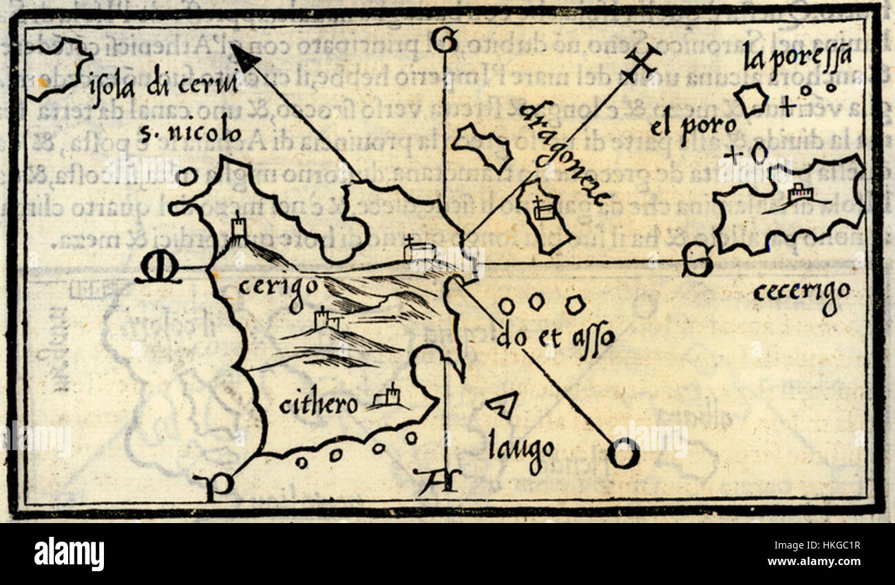 Questa mappa del 1547 di Citera, creata da Benedetto Bordone, raffigura l'isola greca nota per le sue associazioni mitologiche con Venere. La mappa fa parte di una collezione rinascimentale, che mostra la cartografia dettagliata dell'epoca e il significato culturale dell'isola nella mitologia classica. Foto Stock