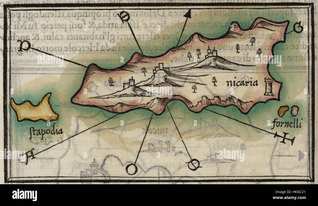 Questa mappa del 1547 di Benedetto Bordone illustra l'isola greca di Icaria, evidenziandone le caratteristiche geografiche e collocandola nel contesto della navigazione mediterranea. La mappa fa parte della cartografia del primo Rinascimento. Foto Stock