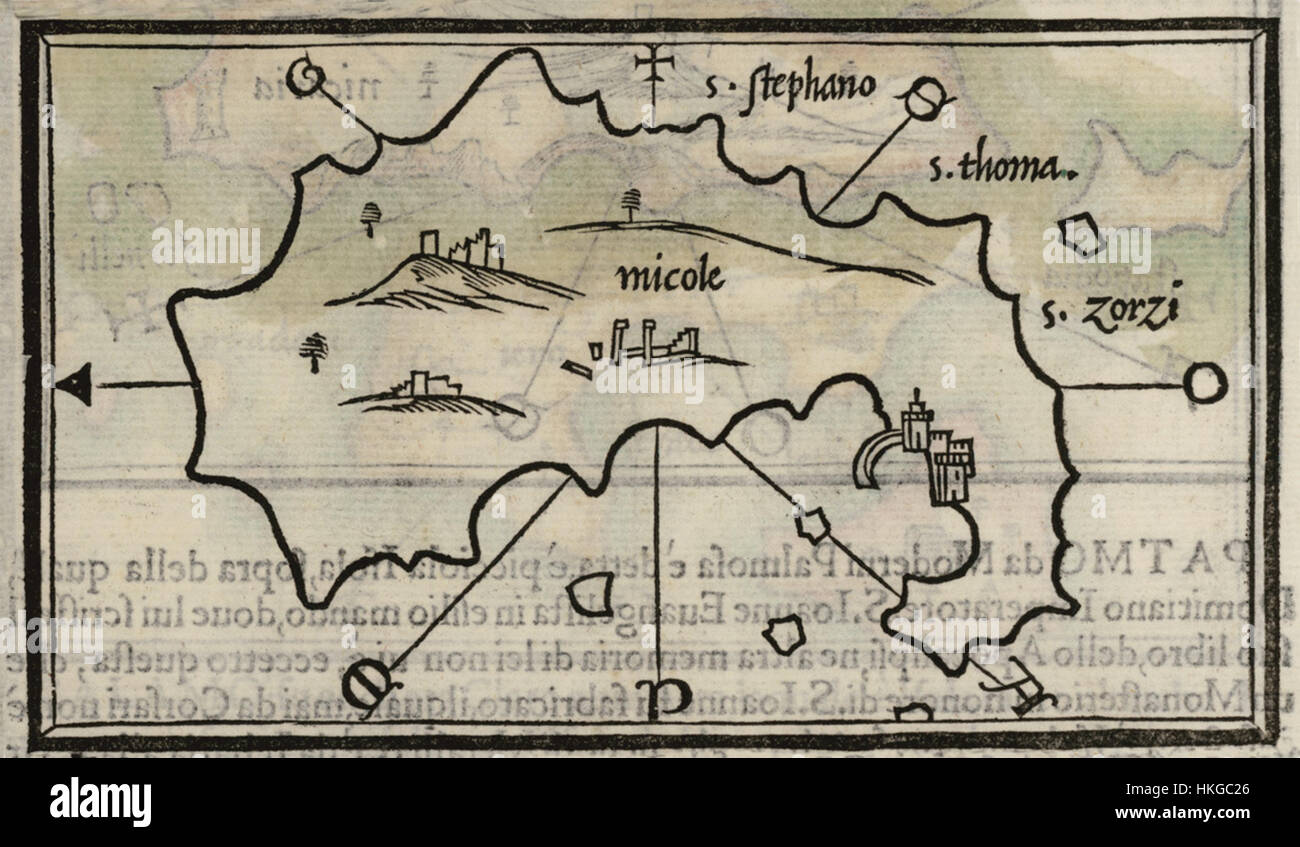 La mappa di Mykonos di Benedetto Bordone, creata nel 1547, fornisce una rappresentazione dettagliata dell'isola greca durante il Rinascimento. La mappa offre informazioni storiche sulla geografia e il significato dell'isola. Foto Stock