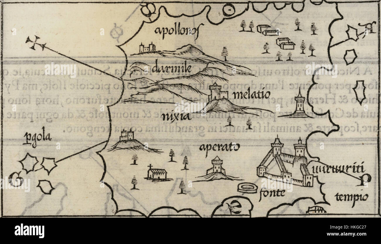 La mappa di Naxos del 1547 di Benedetto Bordone è una rappresentazione dettagliata dell'isola greca, che mostra le sue caratteristiche geografiche e il suo significato storico nel XVI secolo. Questa mappa è un prezioso artefatto nella storia della cartografia. Foto Stock
