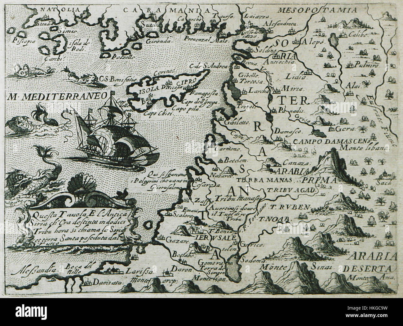 Questa mappa del 1598, intitolata "questa taula e l'antica Siria", raffigura l'antica Siria, divisa in dodici tribù, e la sua trasformazione sotto il controllo turco. Foto Stock