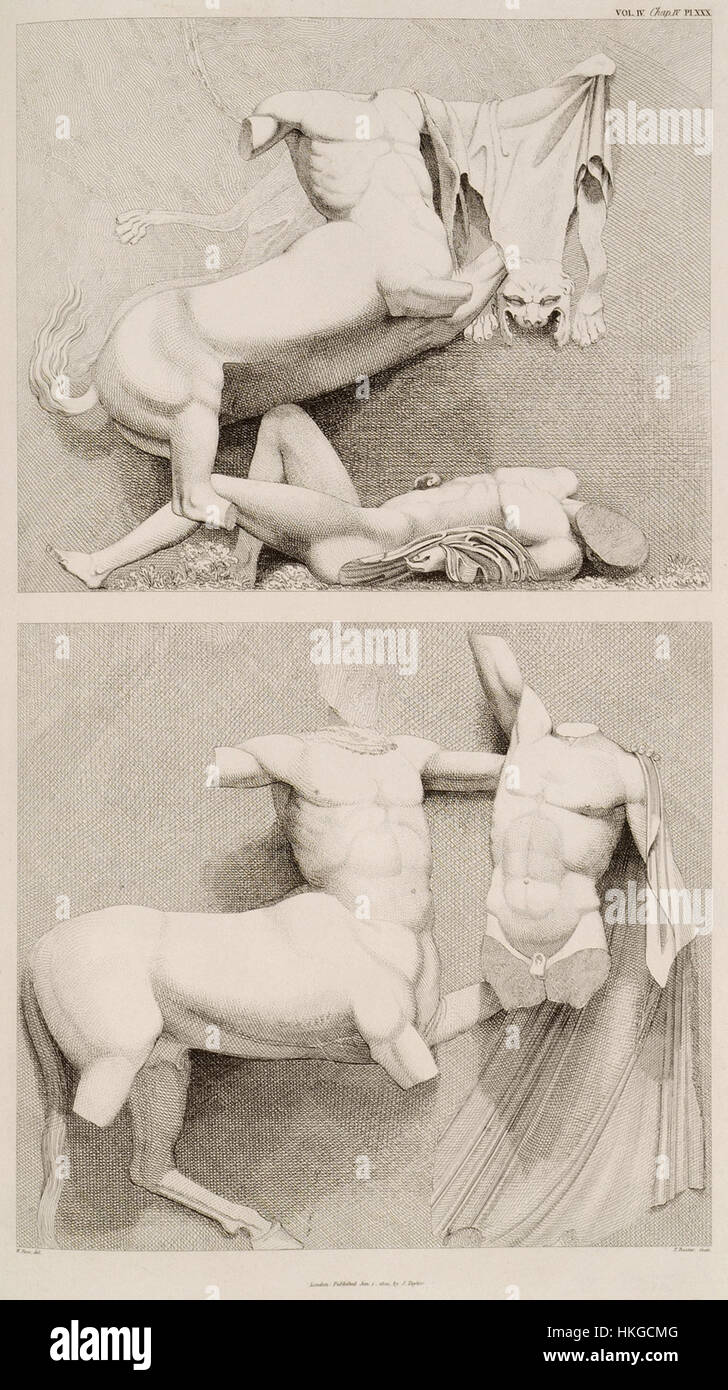 Un'illustrazione dettagliata delle metope dal lato sud del Partenone, raffiguranti la Centauromachia, come catturato da Stuart e Revett nel 1816. L'opera d'arte mostra la scultura greca classica e la documentazione storica. Foto Stock