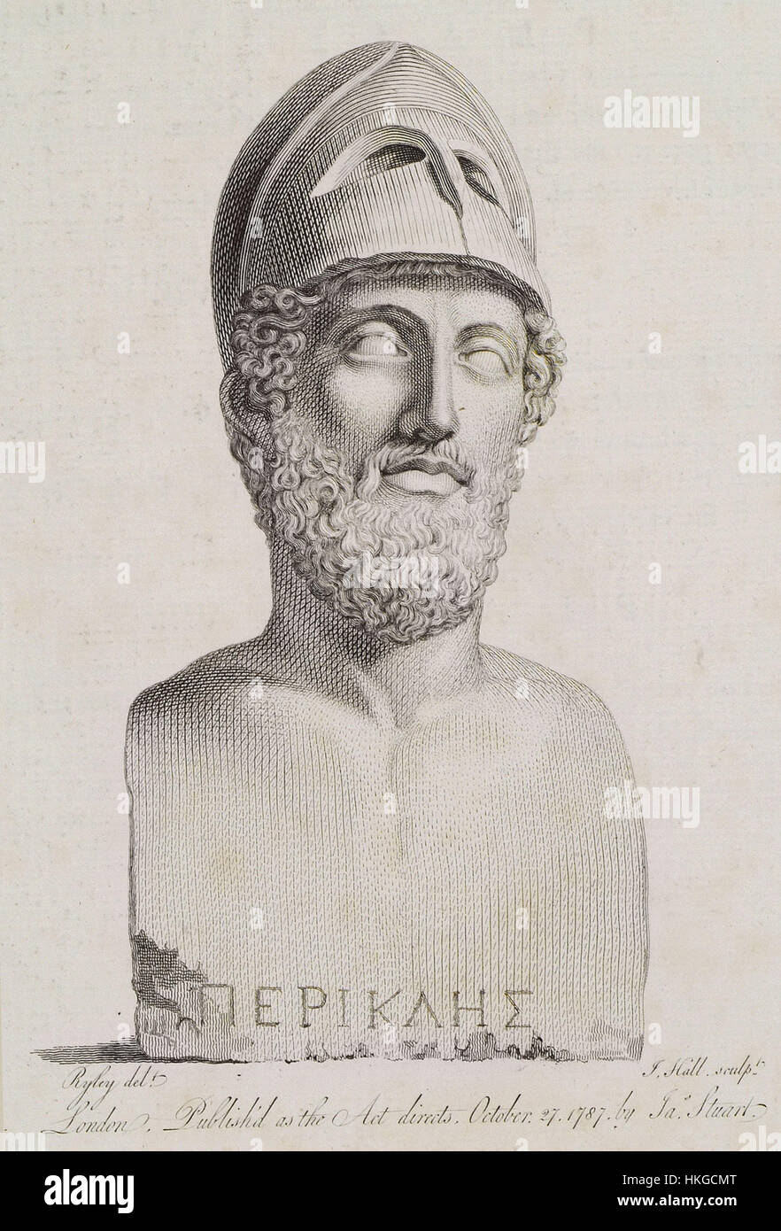 Questo busto di Pericle, creato da Stuart James e Revett Nicholas nel 1787, ritrae lo statista ateniese Pericle. L'opera riflette l'arte greca classica, celebrando il ruolo dello statista nell'età dell'oro di Atene. Foto Stock