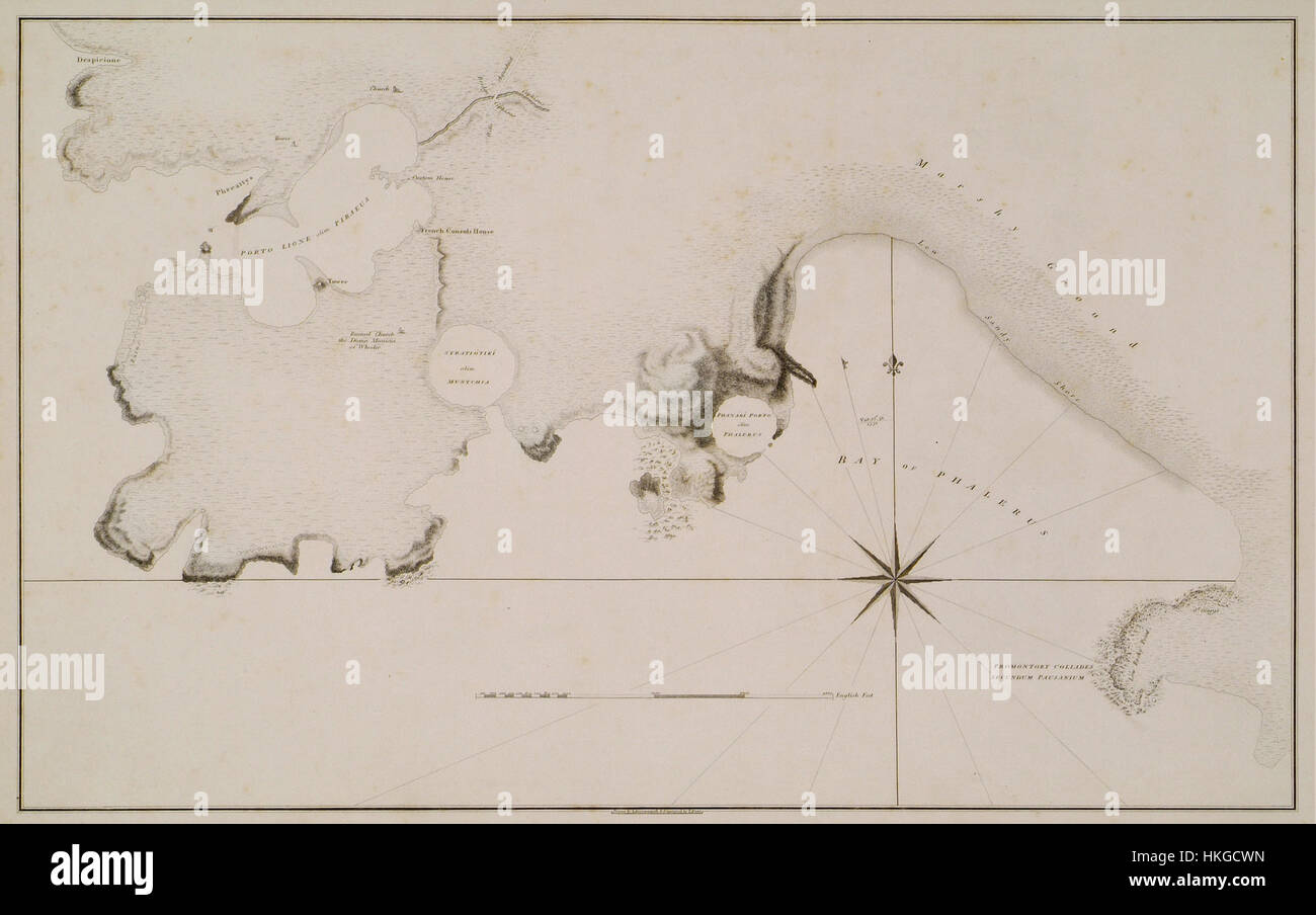 Questa mappa, creata da Stuart James e Nicholas Revett nel 1794, descrive in dettaglio la regione del Pireo, in Grecia. La mappa fornisce informazioni sulla disposizione del porto e delle aree circostanti, offrendo una preziosa risorsa storica per comprendere l'antica geografia greca e lo sviluppo urbano. Foto Stock