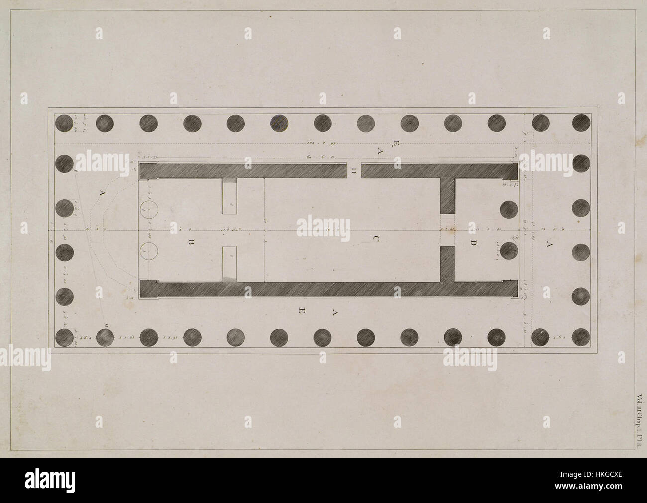 Questo disegno architettonico, creato da Stuart James e Nicholas Revett nel 1794, presenta una pianta dettagliata di un antico tempio. L'opera riflette i principi del design classico e l'architettura storica, mostrando l'attenzione degli artisti sulle strutture greche e romane. Foto Stock