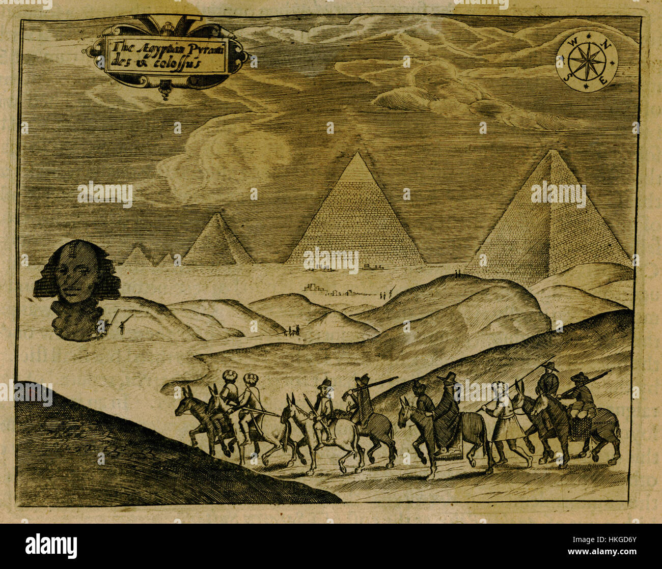 "Le piramidi egizie e il colosso" di George Sandys è un dipinto storico che raffigura le meraviglie dell'antico Egitto. L'opera d'arte mostra le piramidi monumentali e il colosso di Rodi, simboli di antiche realizzazioni architettoniche. Foto Stock