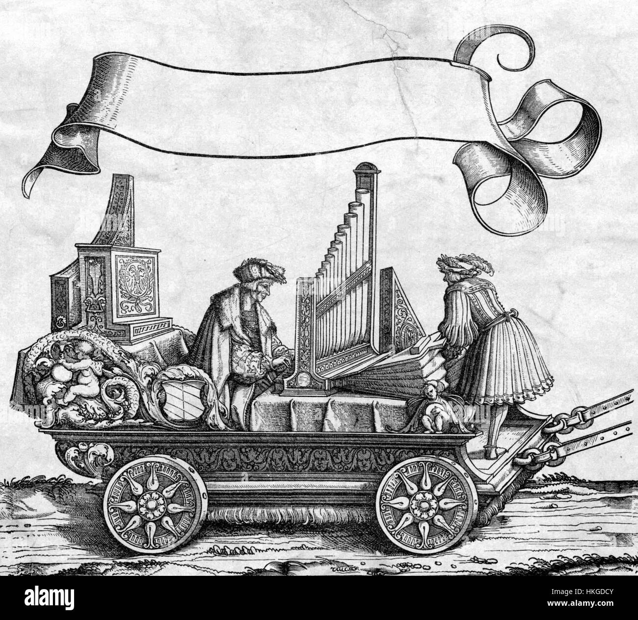 "Paul Hofhaimer su un carro con organo positivo" è un dipinto storico che raffigura il famoso compositore e organista del XV secolo Paul Hofhaimer, che viaggia con un organo positivo, un piccolo organo portatile utilizzato nella musica medievale e rinascimentale. L'opera riflette il significato di Hofhaimer nella storia della musica europea. Foto Stock