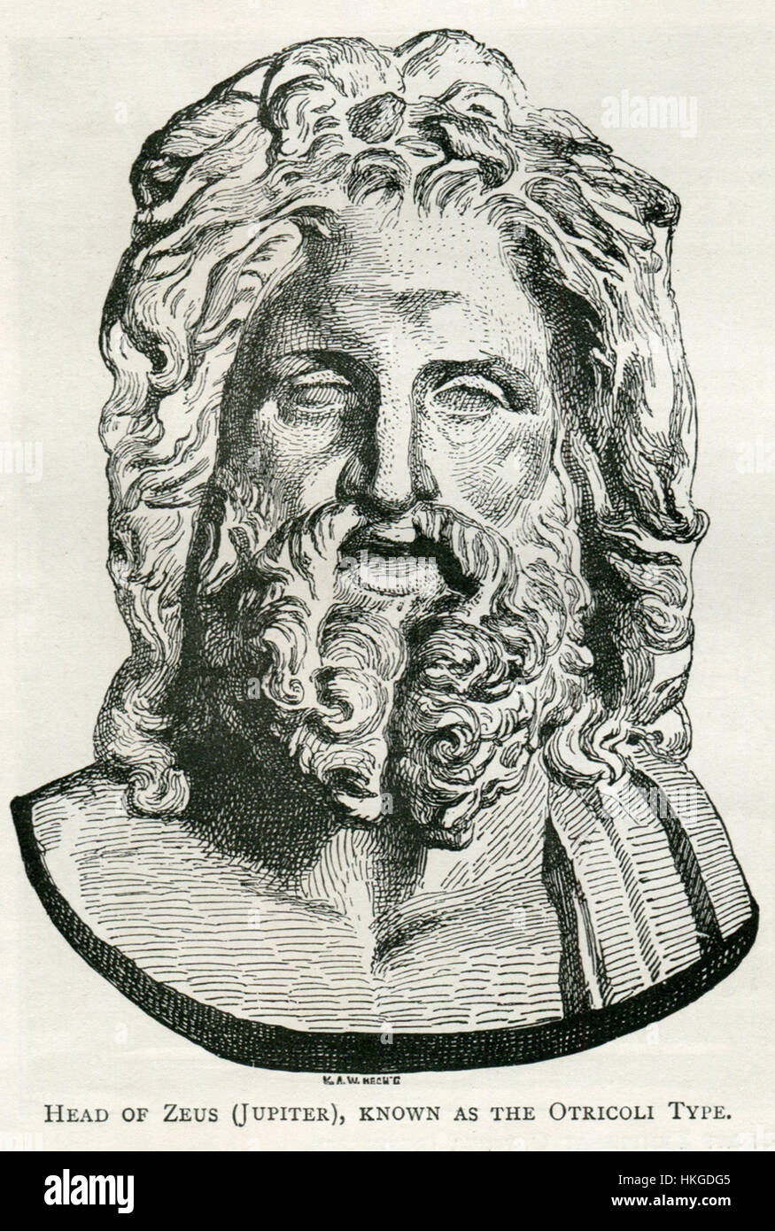 La "testa di Zeus", nota anche come tipo Otricoli, è una scultura classica che rappresenta il dio greco Zeus (o Giove). Creato nel 1890 da John Pentland Mahaffy, riproduce le caratteristiche iconiche dell'antica statuaria greca, mostrando la grandezza della mitologia greca. Foto Stock