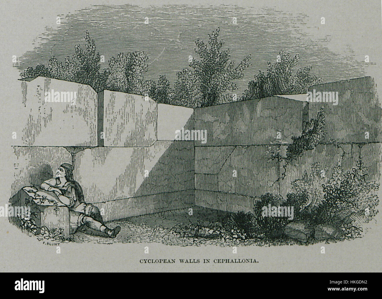 Questo dipinto di Christopher Wordsworth del 1882 raffigura le antiche mura ciclopiche di Cefallonia, note per le loro enormi pietre irregolari. L'opera d'arte cattura la grandezza di questa antica impresa architettonica e il suo significato storico. Foto Stock