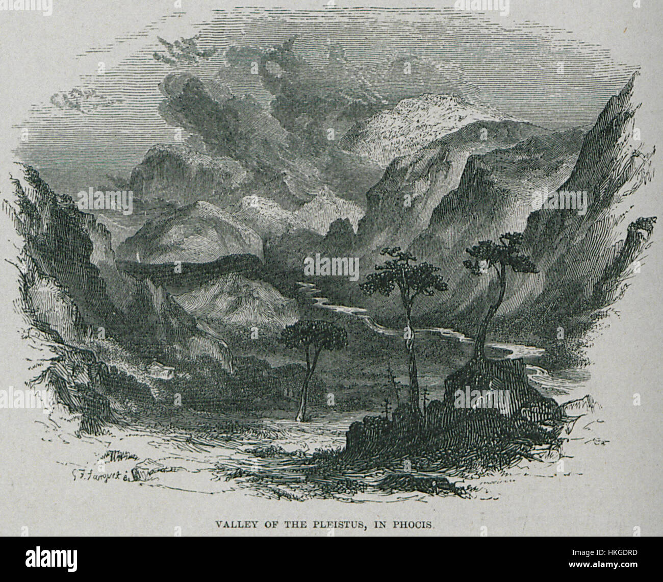 La "Valle del Pleisto, in Focide" di Christopher Wordsworth (1882) presenta un dipinto di paesaggio classico che cattura la serena bellezza della valle nell'antica Grecia, riflettendo il suo significato storico. Foto Stock