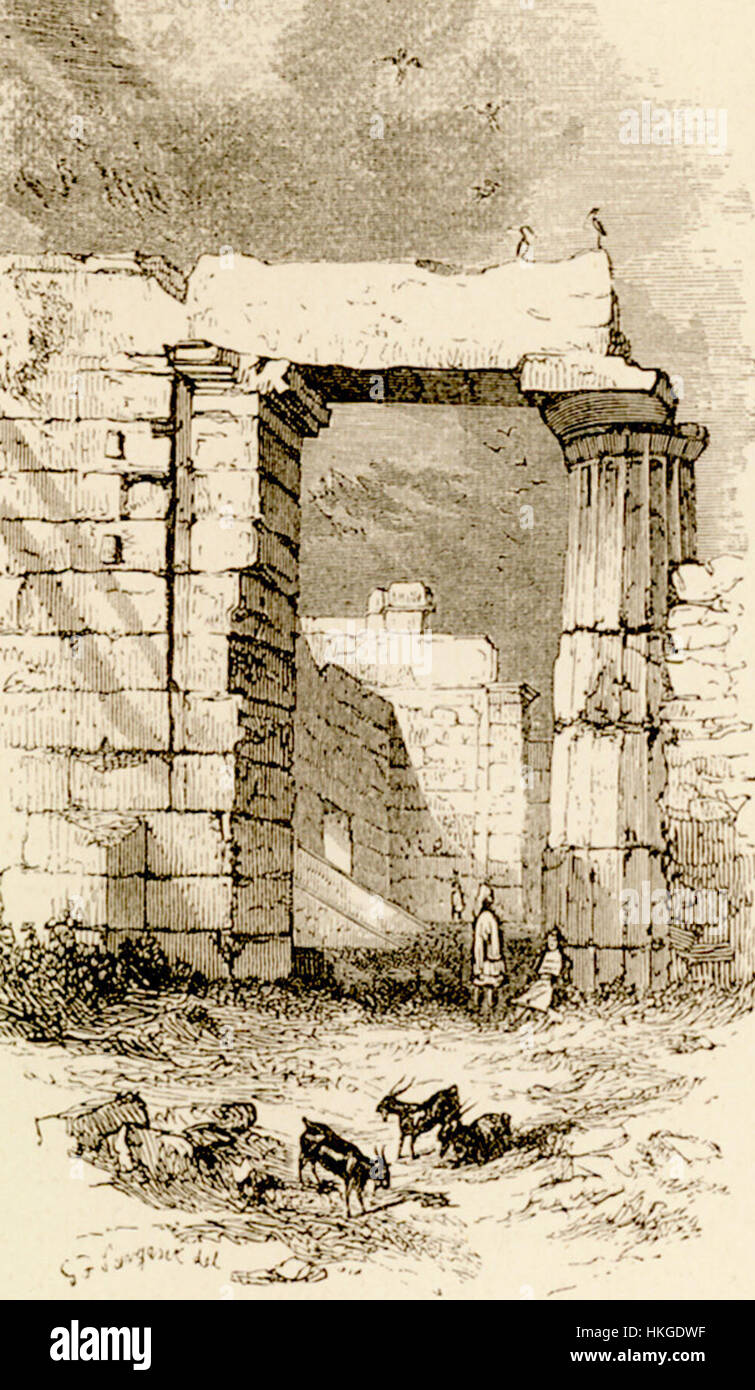 Un dipinto di Christopher Wordsworth, raffigurante una sezione del Portico dei Propilei, un antico monumento greco ad Atene. L'opera cattura l'architettura classica e il significato storico della struttura. Foto Stock