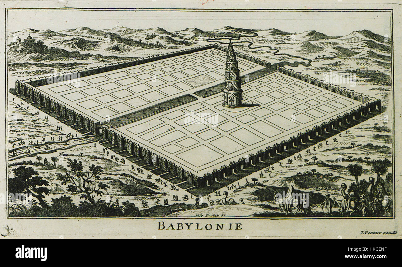 Questo dipinto di Jacob Peeters del 1690 illustra la grandezza di Babilonia, una delle città più iconiche dell'antica Mesopotamia. L'artista utilizza colori ricchi e una composizione drammatica per evocare il significato storico e mitico dell'antica città. Foto Stock