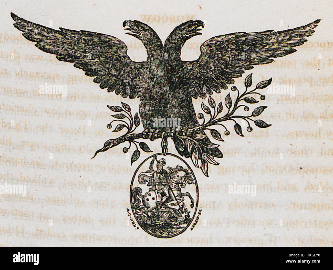 Il dipinto di Clarke Edward Daniel del 1810 raffigura le armi della città di Mosca, mostrando i simboli araldici e le immagini emblematiche della città. L'opera illustra il significato culturale e storico dello stemma di Mosca. Foto Stock