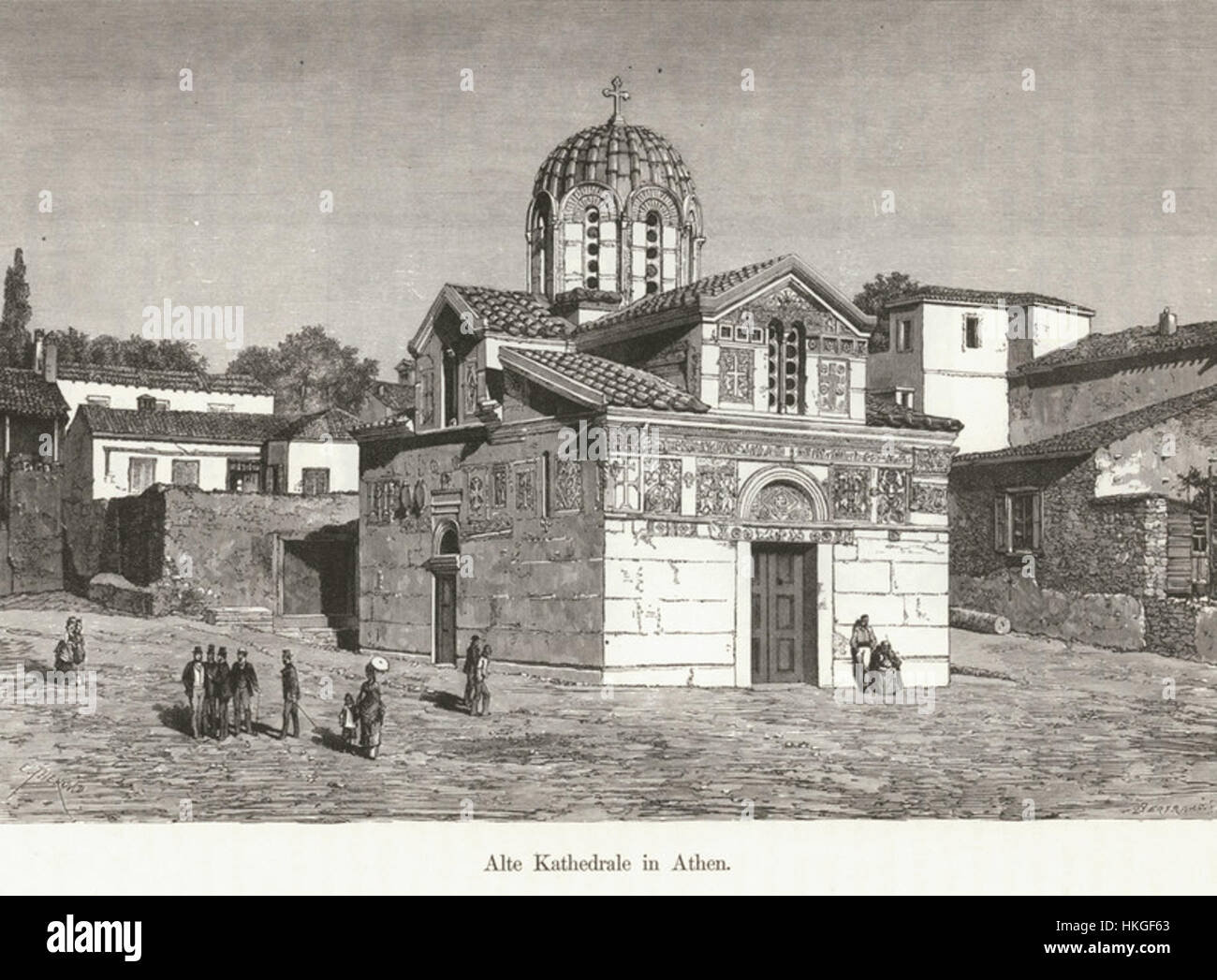 Questo dipinto del 1887 di Amand von Schweiger Lerchenfeld raffigura l'alte Kathedrale (Cattedrale Vecchia) di Atene, offrendo uno sguardo sull'architettura e il paesaggio urbano della Grecia del XIX secolo. Il dipinto sottolinea il significato storico della cattedrale nel paesaggio culturale e religioso di Atene. Foto Stock