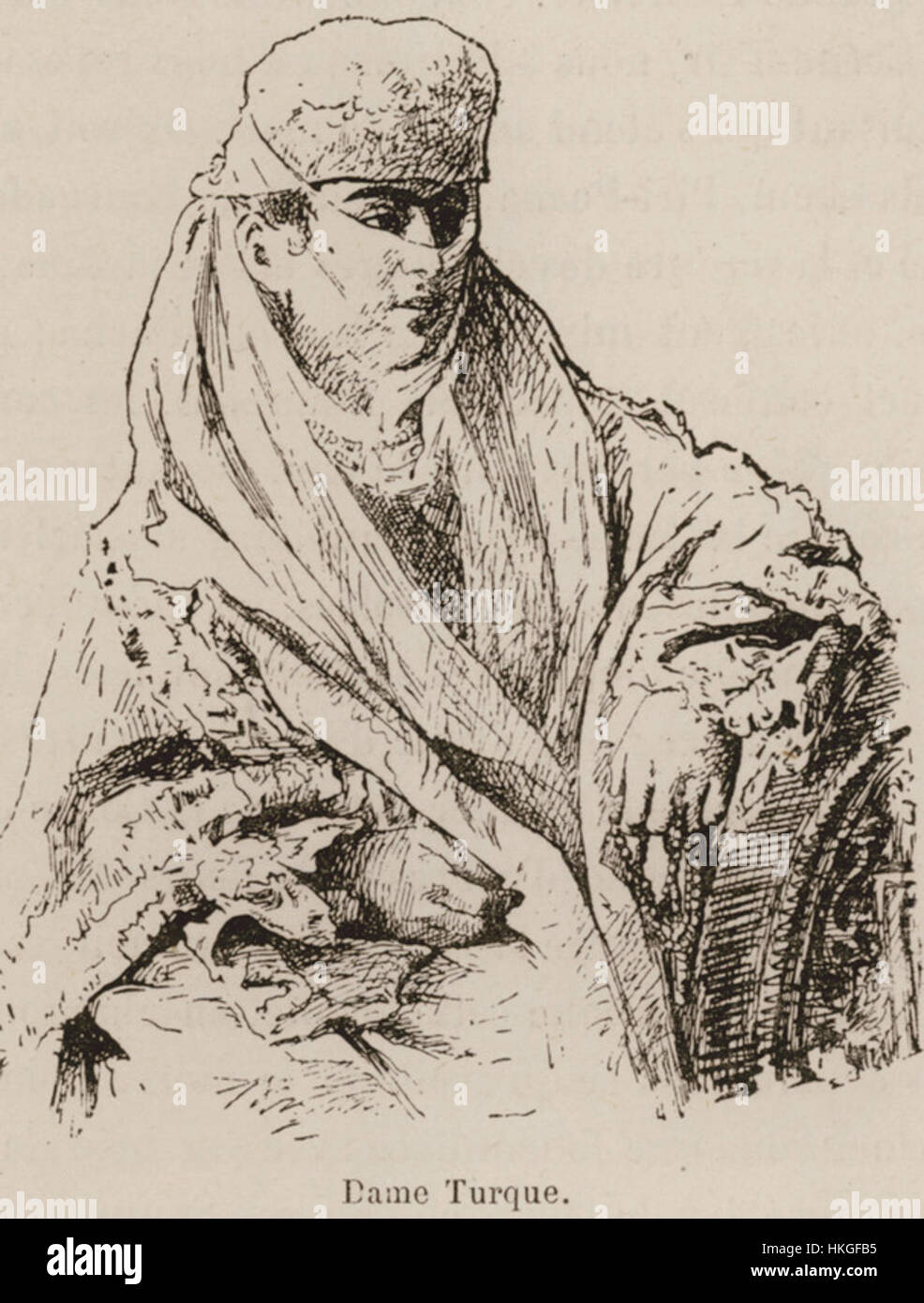 Questa illustrazione del 1883 di Edmondo De Amicis, intitolata "Dame Turque", ritrae una donna turca in abbigliamento tradizionale. De Amicis, scrittore e viaggiatore italiano, documentò osservazioni culturali nelle sue opere, offrendo approfondimenti sulla vita dell'era ottomana. Foto Stock