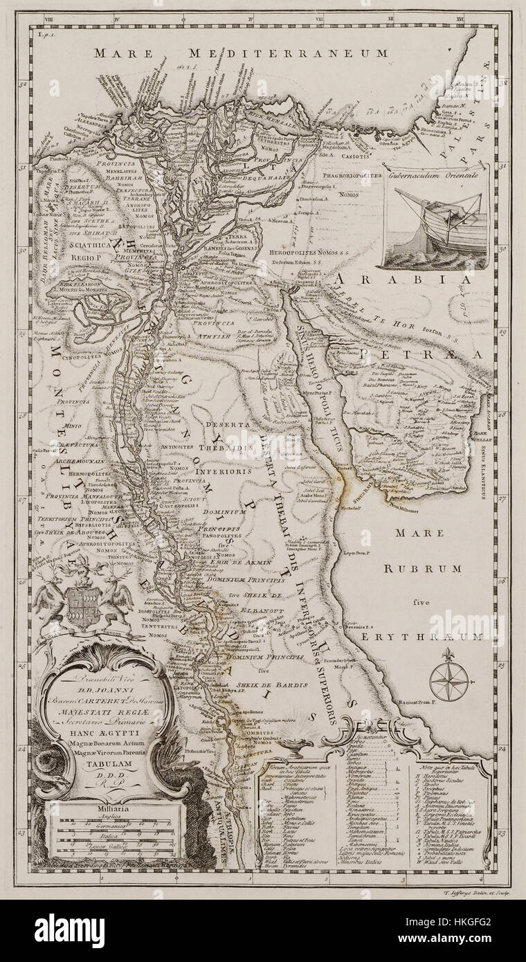 Questo disegno del 1743 di Richard Pococke raffigura una mappa dell'Egitto, che include parte della penisola arabica. Il disegno mostra anche la prua e il timone di una piccola nave in legno, caratteristica di quelle utilizzate nella regione all'epoca, mettendo in evidenza le pratiche marittime dell'epoca. Foto Stock