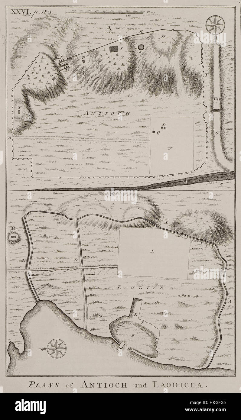 "Plans of Antioch and Laodicea" di Richard Pococke, creato nel 1745, presenta disegni architettonici dettagliati di due città antiche, Antiochia e Laodicea. I disegni riflettono il significato storico e il design antico di queste città. Foto Stock