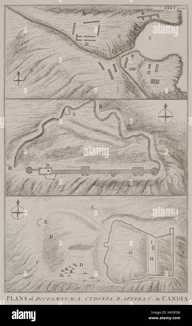 La mappa del 1745 di Richard Pococke delinea le antiche città di Dictamnum, Cydonia, Aptera e Candia. Questi piani illustrano le posizioni chiave nell'antica Grecia, fornendo informazioni sulla geografia classica. Foto Stock