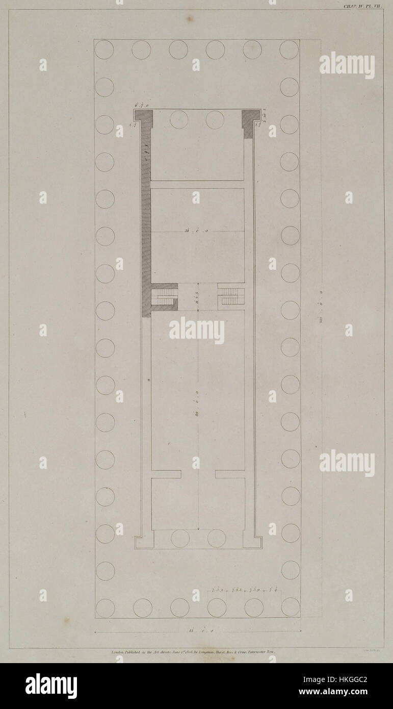 Questa mappa del 1807, intitolata "Plan of the Temple Wilkins", presenta una dettagliata disposizione architettonica del Temple Wilkins, che mostra il design e la disposizione di questa struttura storica. Il piano offre informazioni sull'architettura e la pianificazione dei primi anni del XIX secolo, illustrando l'influenza di William Wilkins come architetto durante quel periodo. Foto Stock