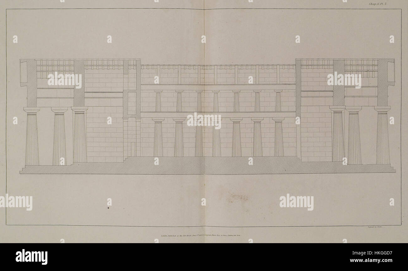Questo è un disegno longitudinale di Temple Wilkins, progettato da William nel 1807. L'illustrazione raffigura le caratteristiche architettoniche e la disposizione del tempio, fornendo una panoramica della struttura e degli elementi di design del periodo. Foto Stock