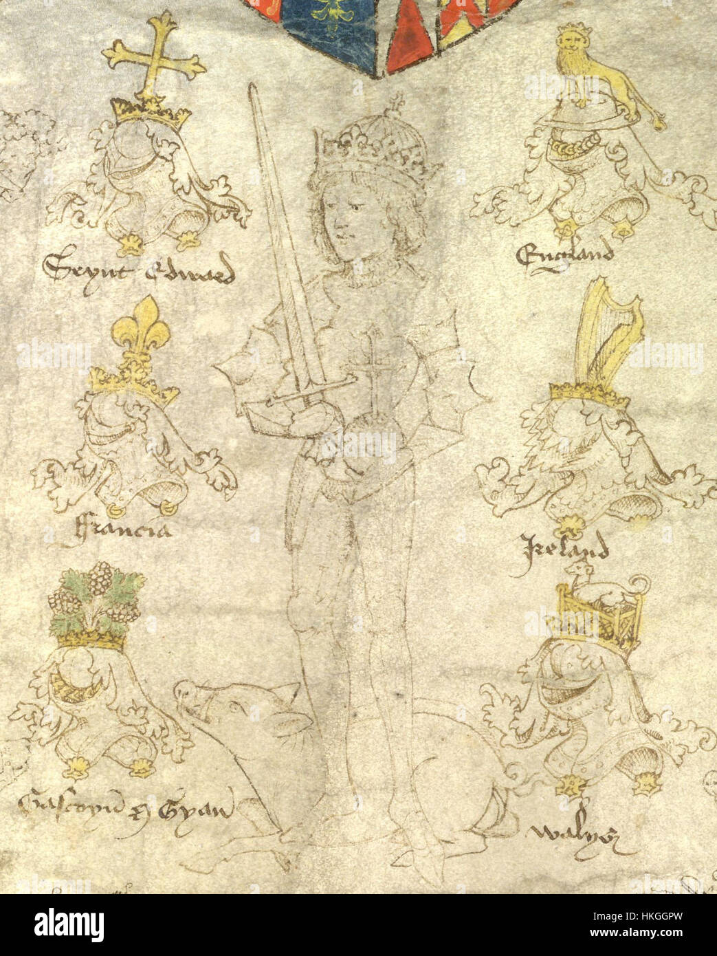 Questa opera d'arte presenta una scena dettagliata del Rous Roll, un manoscritto miniato che raffigura il regno di Riccardo III. Mostra gli eventi e le figure chiave del suo tempo, mettendo in risalto la narrazione storica medievale e lo stile artistico del periodo. Foto Stock