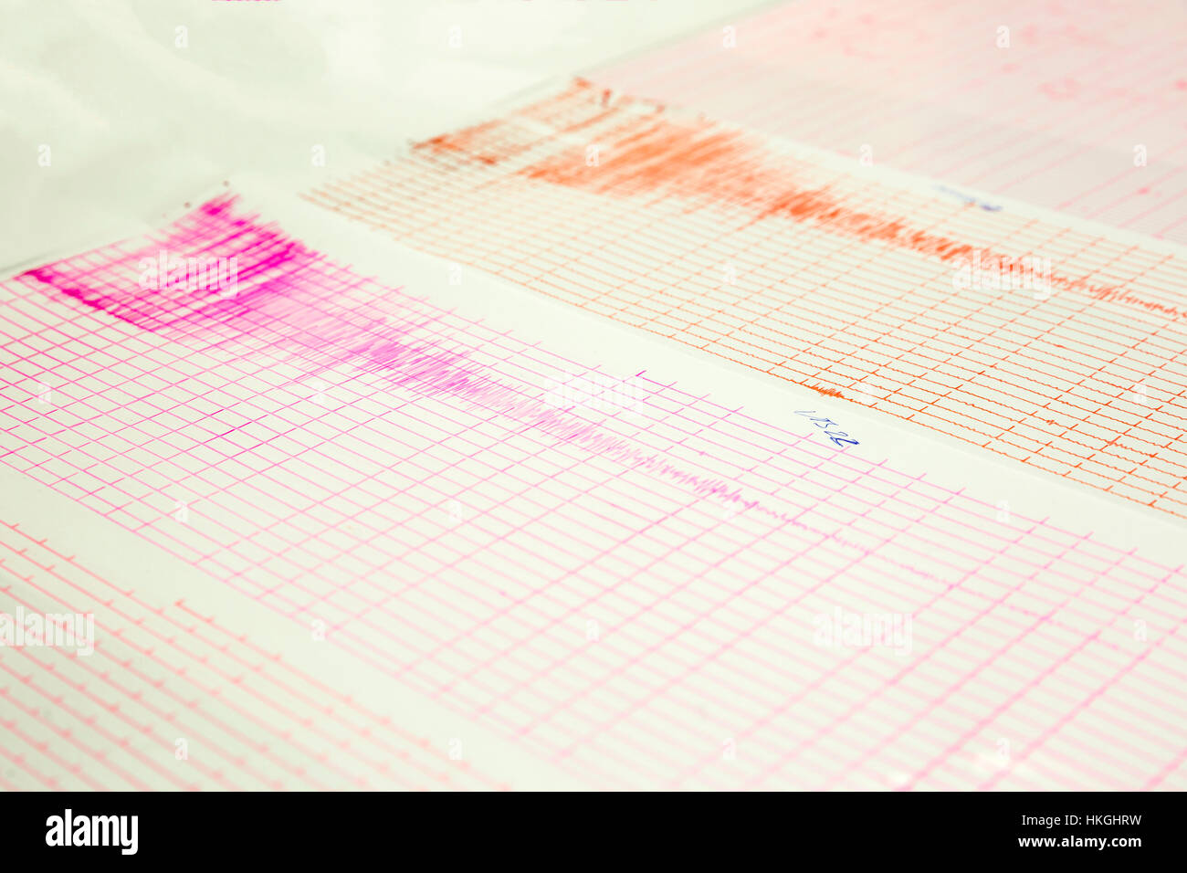 Dispositivo sismologico per misurare i terremoti. Attività sismologico live sul foglio di carta di misura. Terremoto onda su un foglio di carta millimetrata. Rosso e Foto Stock