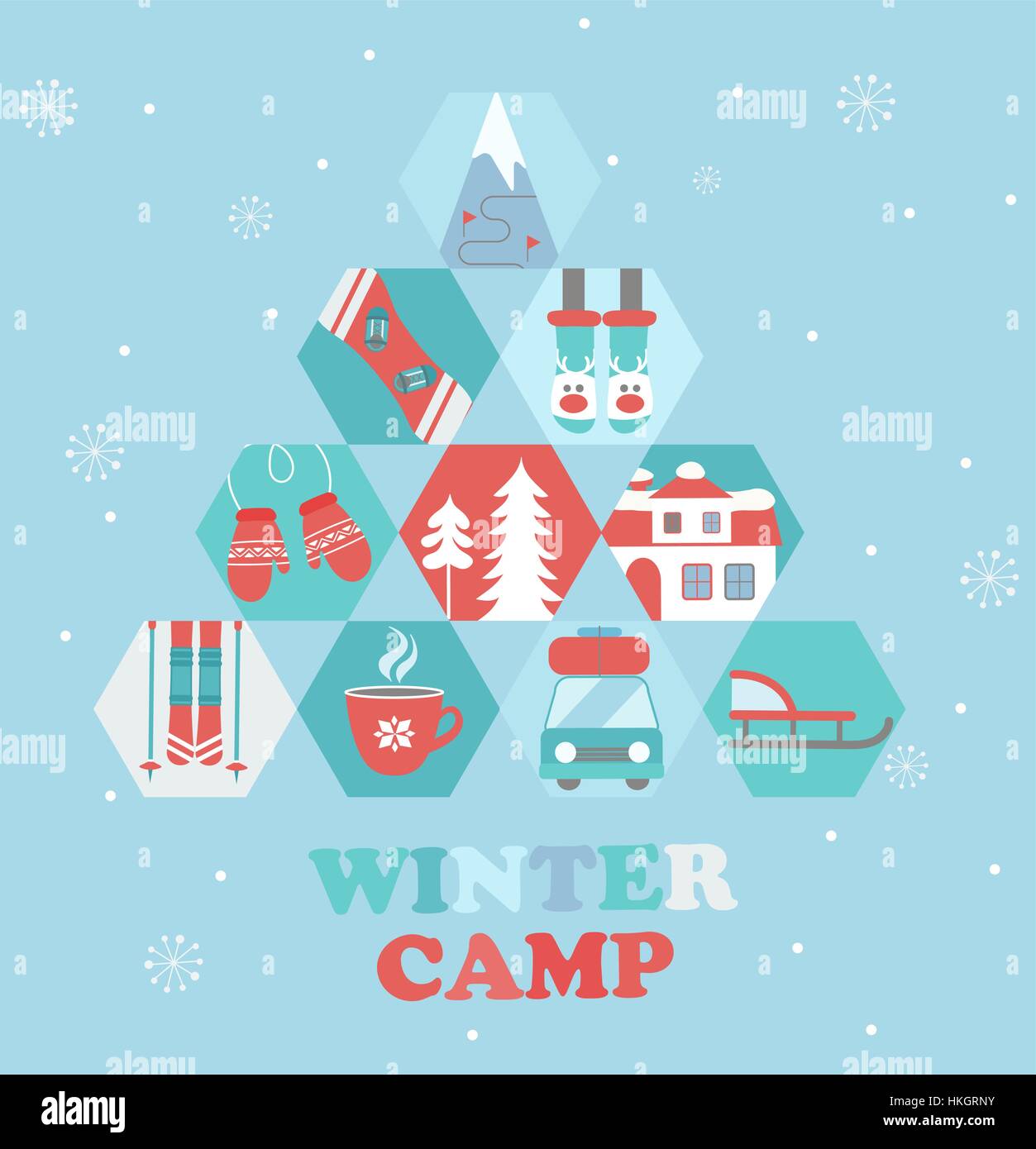 Vacanze di Natale e viaggi a tema poster di Camp in stile appartamento , Winter Camp banner illustrazione vettoriale. Illustrazione Vettoriale