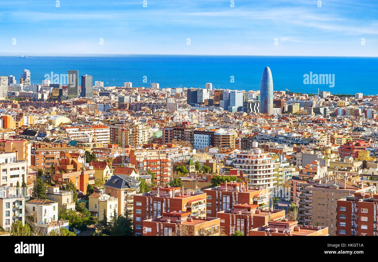 Antenna vista panoramica della città di Barcellona, Spagna Foto Stock