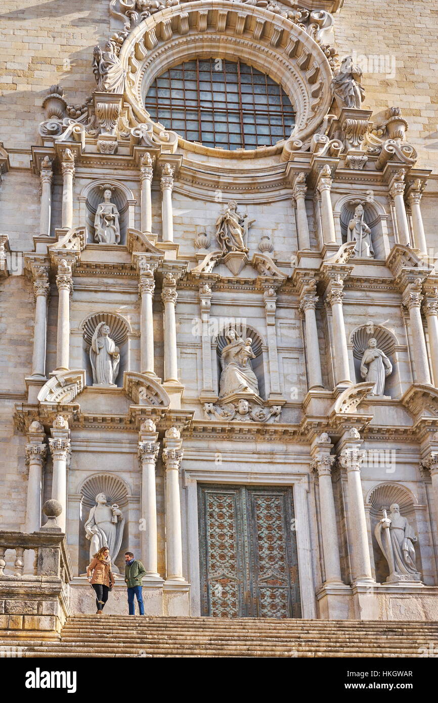 La facciata della Cattedrale di Girona, in Catalogna, Spagna Foto Stock
