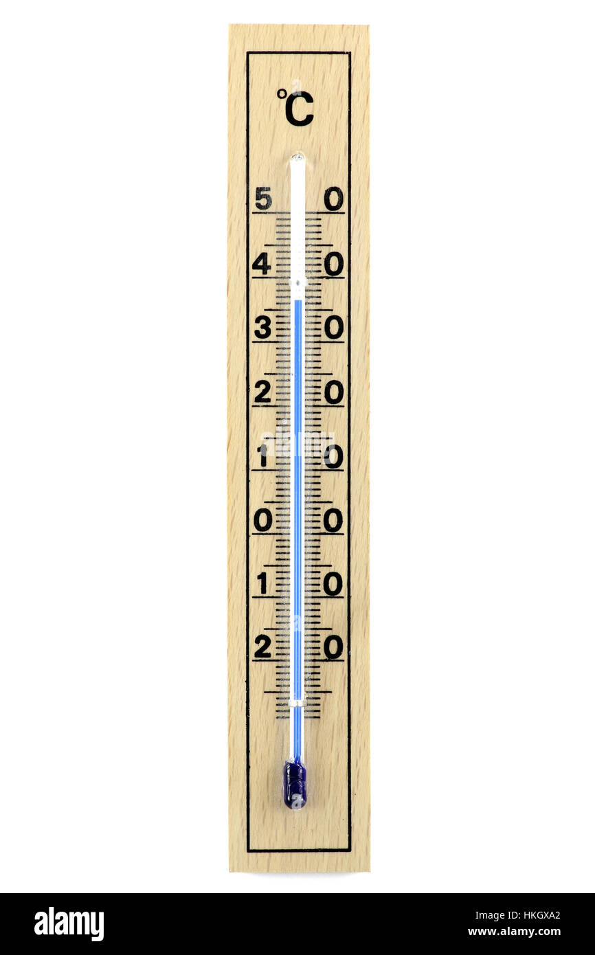 Termometro in legno isolato su sfondo bianco che mostra 36-37 gradi Celsius Foto Stock