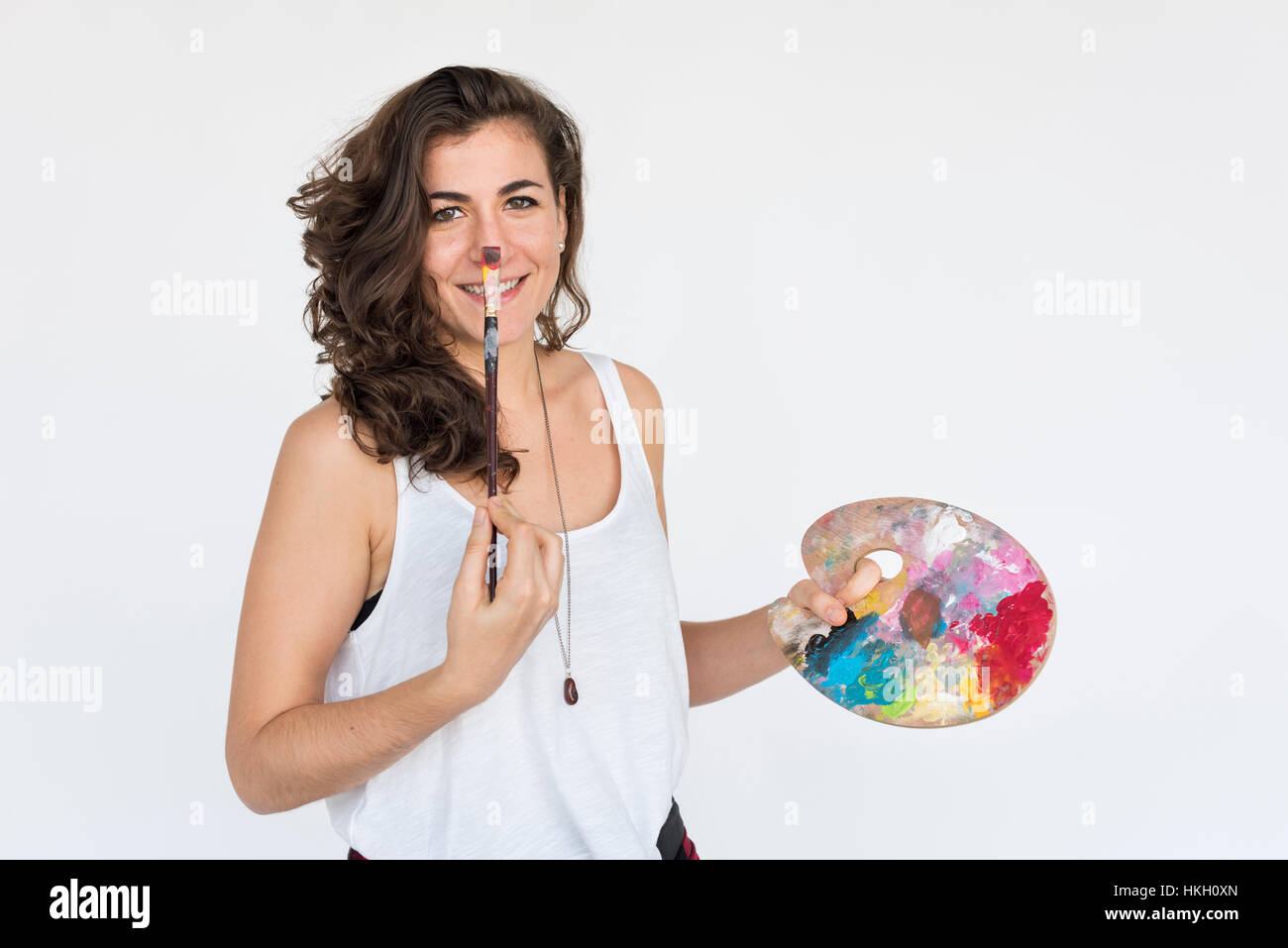 Donna sorridente felicità tavolozza colori concetto verticale Foto Stock