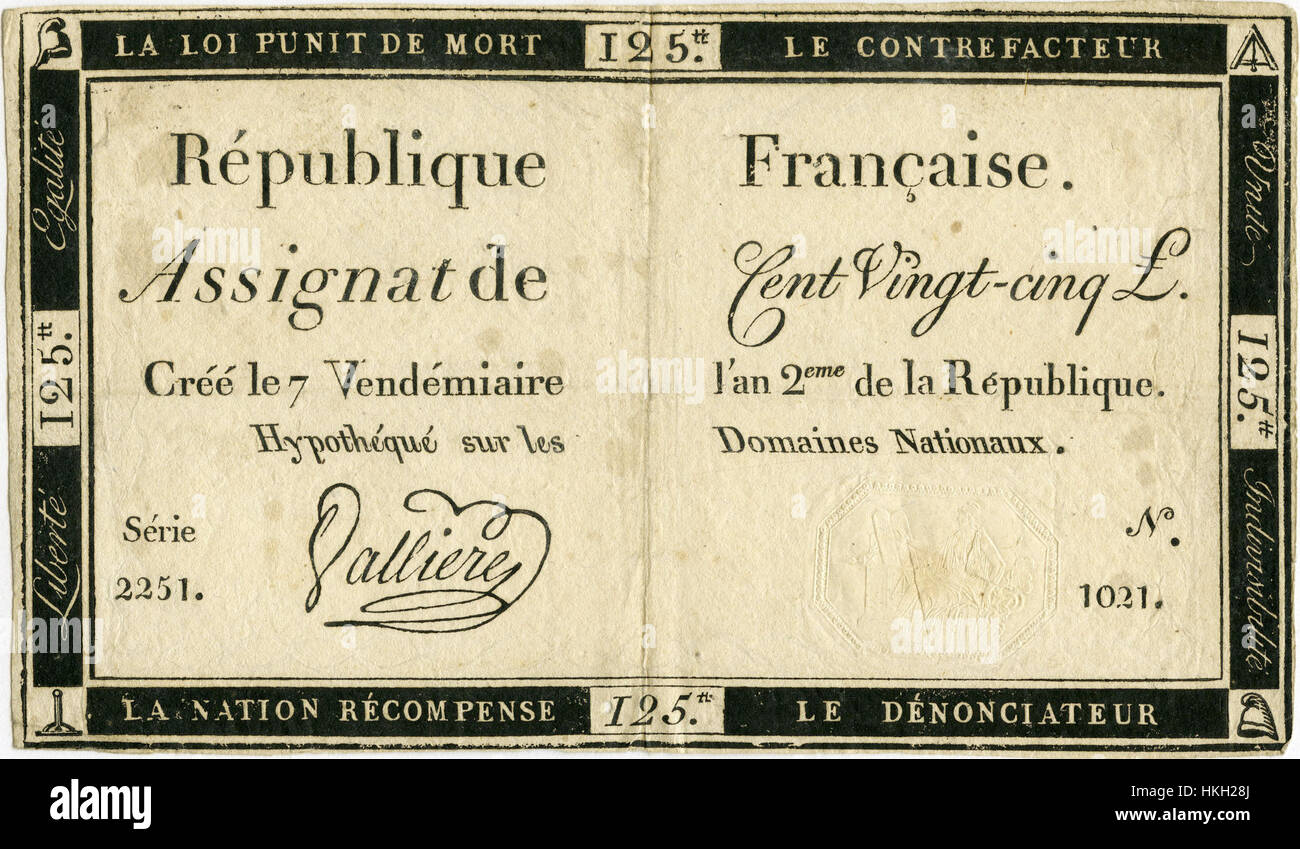 Questa è un'immagine di un assignat de 125 livres, una forma di carta moneta usata durante la Rivoluzione francese. Riflette le sfide economiche storiche che la Francia deve affrontare in quel periodo e l'introduzione della moneta rivoluzionaria. Foto Stock