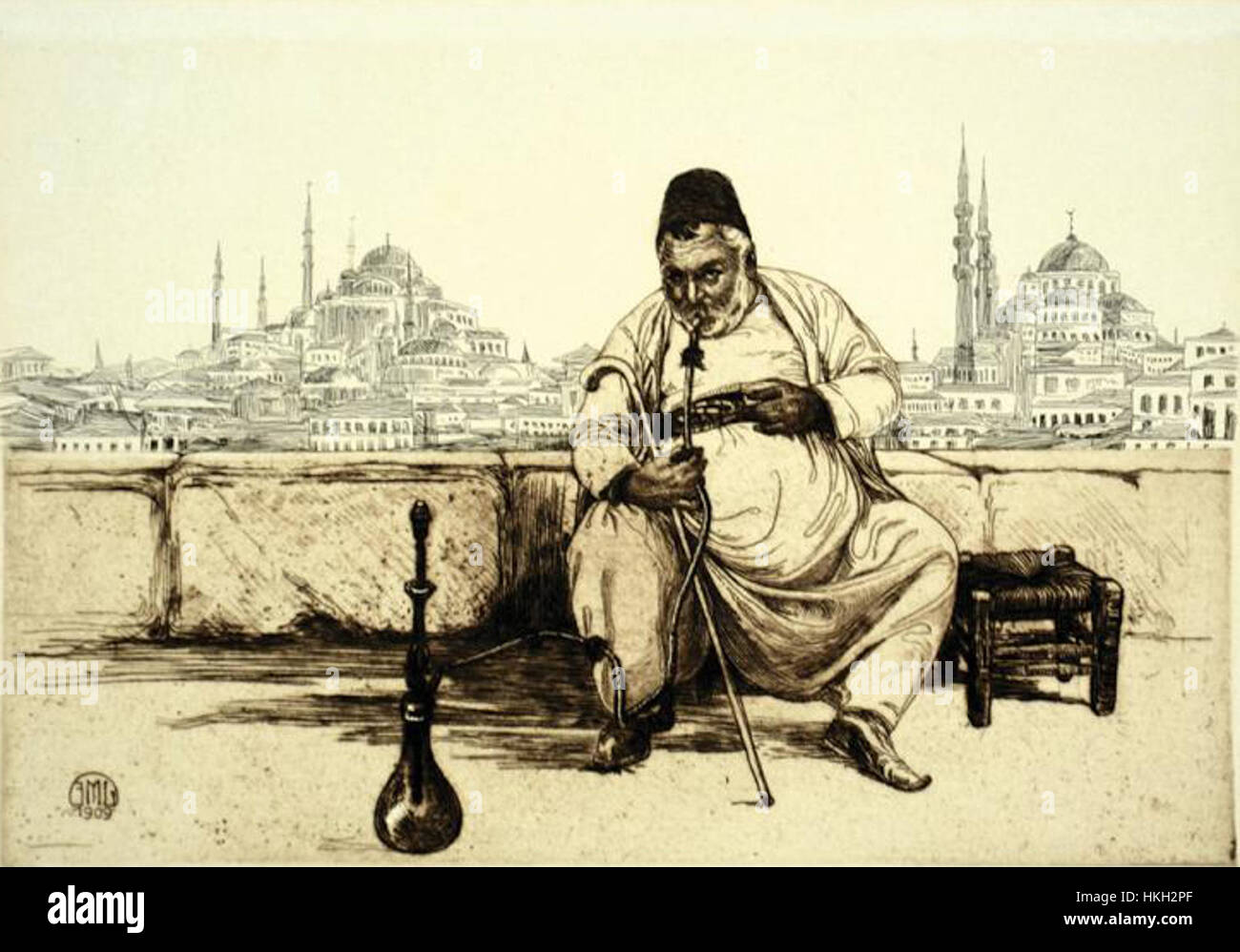 Questa opera d'arte intitolata "Nargillah Smoker" raffigura un individuo che fuma una nargillah tradizionale, una pipa d'acqua popolare nelle culture mediorientali. Il pezzo esplora temi di cultura, tradizione e vita quotidiana. Foto Stock