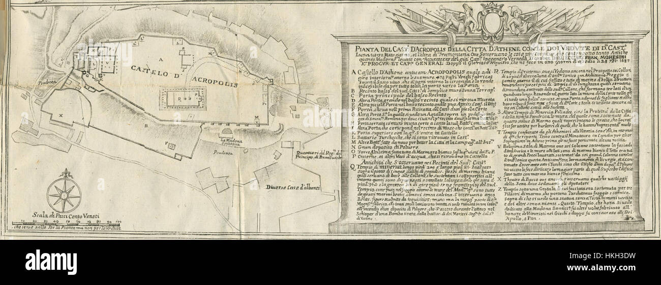 La *Pianta del Castello d'Acropolis della città d'Athene* (Mappa del Castello dell'Acropoli di Atene) di Francesco Fanelli, realizzata nel 1695, è una pianta architettonica dell'Acropoli. Questa mappa storica fornisce informazioni dettagliate sulla costruzione e la disposizione dell'antica struttura greca. Foto Stock