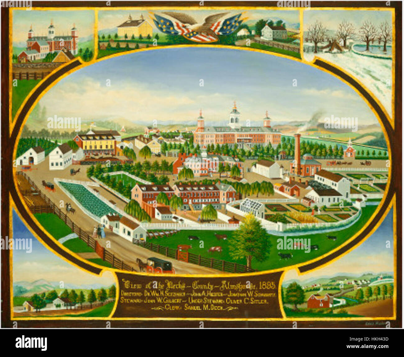 La fotografia di Berks County Almshouse del 1895 mostra l'edificio e il paesaggio circostante. L'almshouse è stata utilizzata per la cura dei poveri e degli anziani, e l'immagine fornisce un'istantanea storica dei servizi sociali alla fine del XIX secolo. Foto Stock