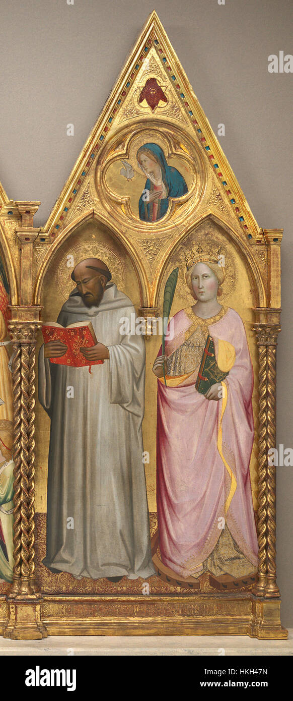 Quest'opera d'arte, raffigurante San Bernardo, Santa Caterina d'Alessandria e la Vergine dell'Annunciazione, fa parte di una pala d'altare religiosa. Il pannello di destra mostra l'iconografia religiosa dettagliata e il simbolismo cristiano. Foto Stock