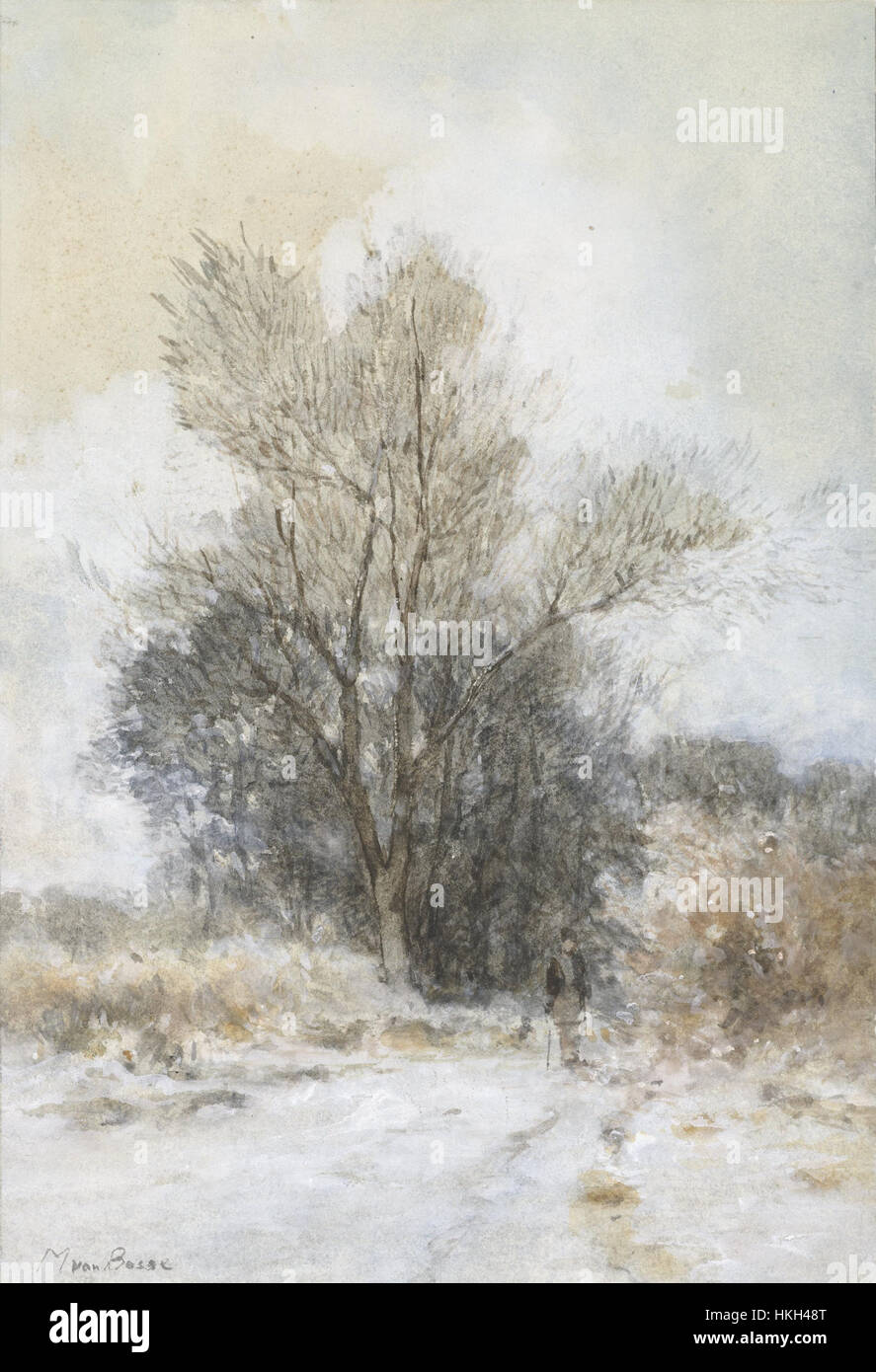 "Wandelaar in de sneeuw bij de rand van een bos" di Maria Bilders van Bosse presenta una figura che cammina attraverso la neve vicino al bordo di una foresta. Il dipinto cattura l'atmosfera serena dell'inverno, evidenziando la calma del paesaggio innevato e la solitudine dell'individuo. Foto Stock