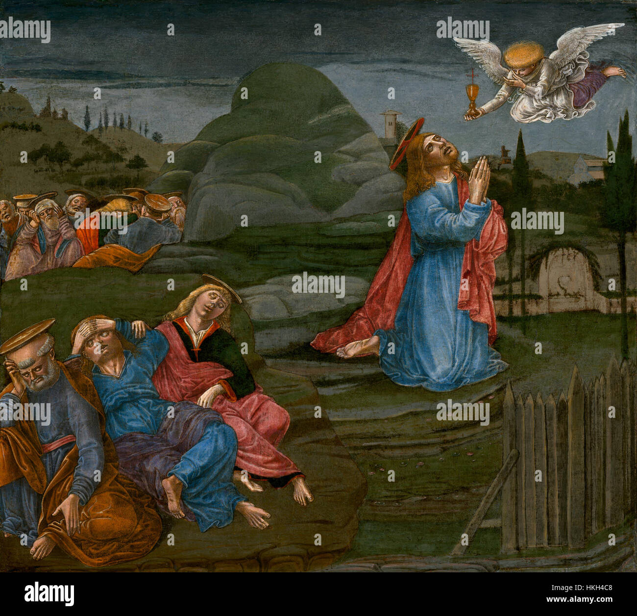 Questo dipinto, intitolato "l'agonia nel giardino", ritrae il momento biblico della preghiera di Cristo nel giardino del Getsemani prima della sua crocifissione. La profondità emotiva e l'uso drammatico della luce sottolineano la profonda sofferenza e il tumulto spirituale della scena. Foto Stock