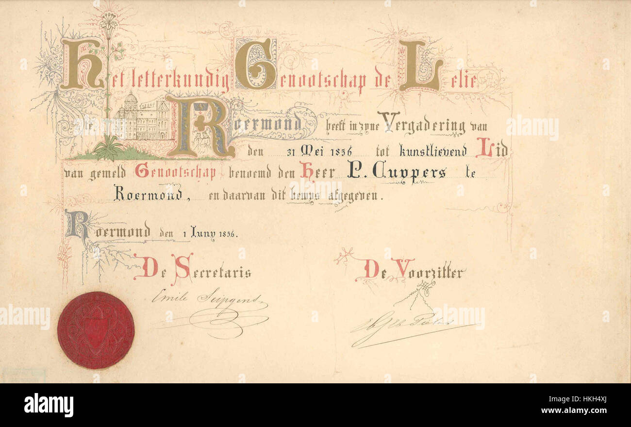 Certificato di appartenenza di Pierre Cuypers di Het Genootschap letterkundig de Lelie te Roermond Cuypershuis 0463 Foto Stock