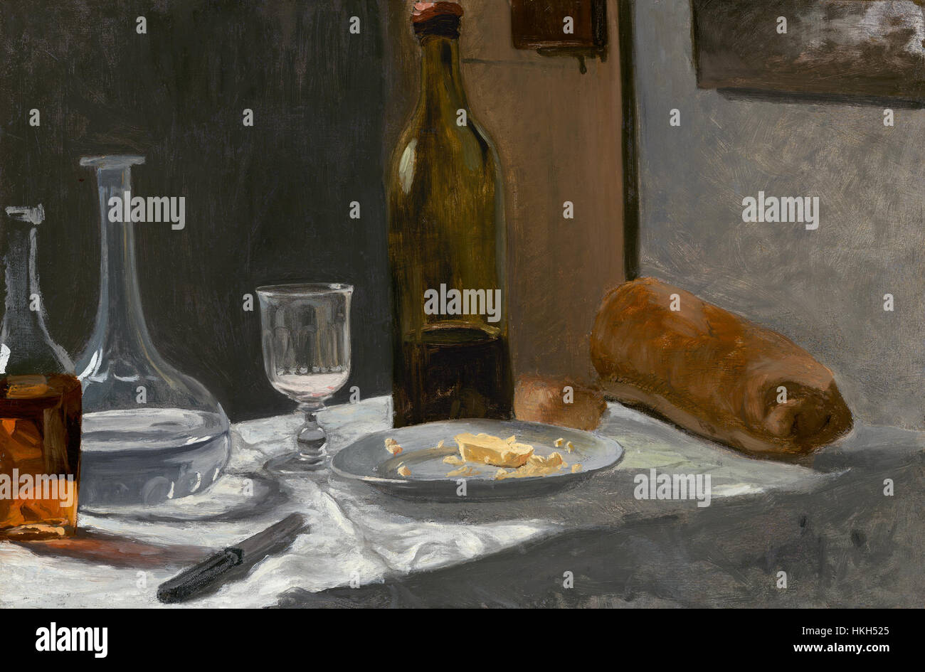 "Natura morta con bottiglia, caraffa, pane e vino" è un classico esempio di pittura olandese del XVII secolo. La disposizione dettagliata degli oggetti ha lo scopo di mostrare la padronanza della texture e della luce, riflettendo il mondo dei materiali. Foto Stock