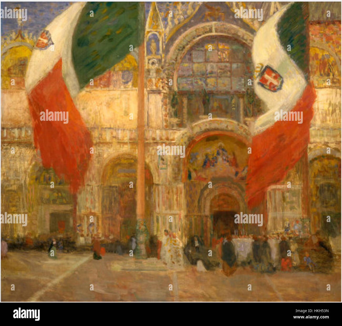 Le bandiere della Venezia di San Marco in un giorno festivo raffigurano l'iconico simbolo di Venezia, celebrato con vivaci bandiere durante la Festa di San Marco. Questa opera d'arte evidenzia l'importanza culturale del santo patrono della città e le sue vivaci celebrazioni pubbliche. Foto Stock
