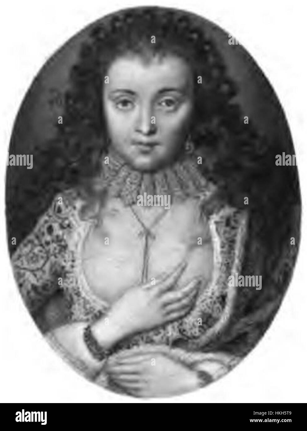 Questo ritratto in miniatura di Lady Arbella Stuart cattura l'eleganza e lo stile del XVI secolo. Il delicato dipinto riflette la moda e la ritrattistica formale dell'epoca elisabettiana, mostrando la sua somiglianza con dettagli e grazia intricati. Foto Stock