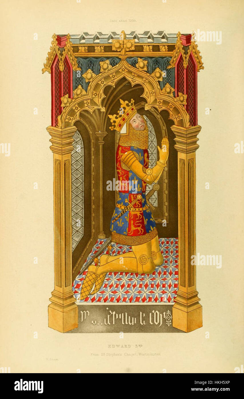 "Eduard 3" è un ritratto storico di re Edoardo III d'Inghilterra, che cattura la sua presenza regale e la sua leadership. Il ritratto si concentra sul suo abbigliamento reale e sullo sguardo dominante, simboleggiando il suo regno durante il XIV secolo e la sua importanza nella storia medievale inglese. Foto Stock