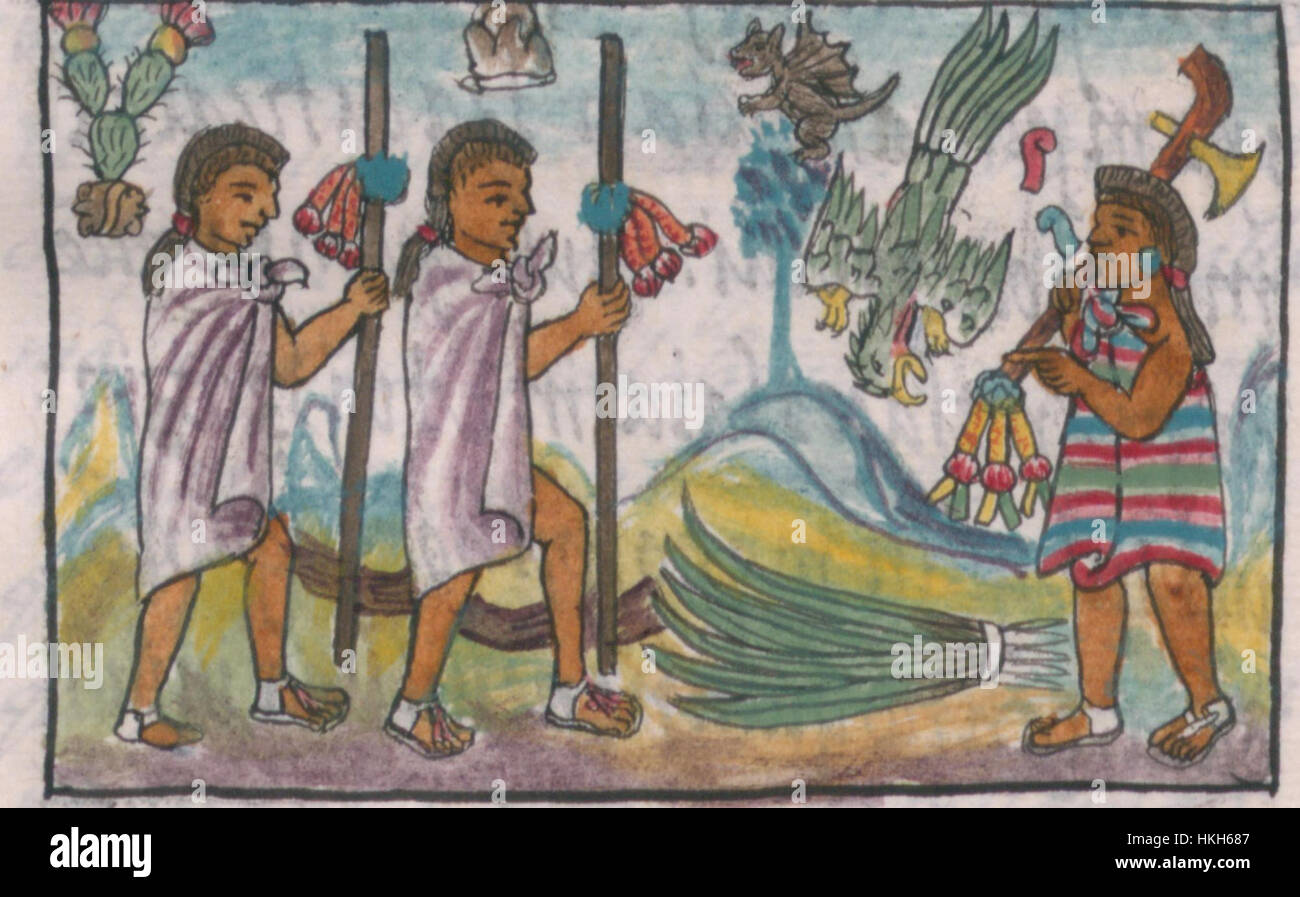 Il Codex Folio 19 fiorentino illustra un percorso decorato con piume quetzali, che mostra l'arte e la mitologia azteche. L'immagine presenta intricati dettagli del simbolismo nativo, tra cui una figura demoniaca, che riflette il significato culturale e spirituale delle piume quetzal nella società azteca. Foto Stock