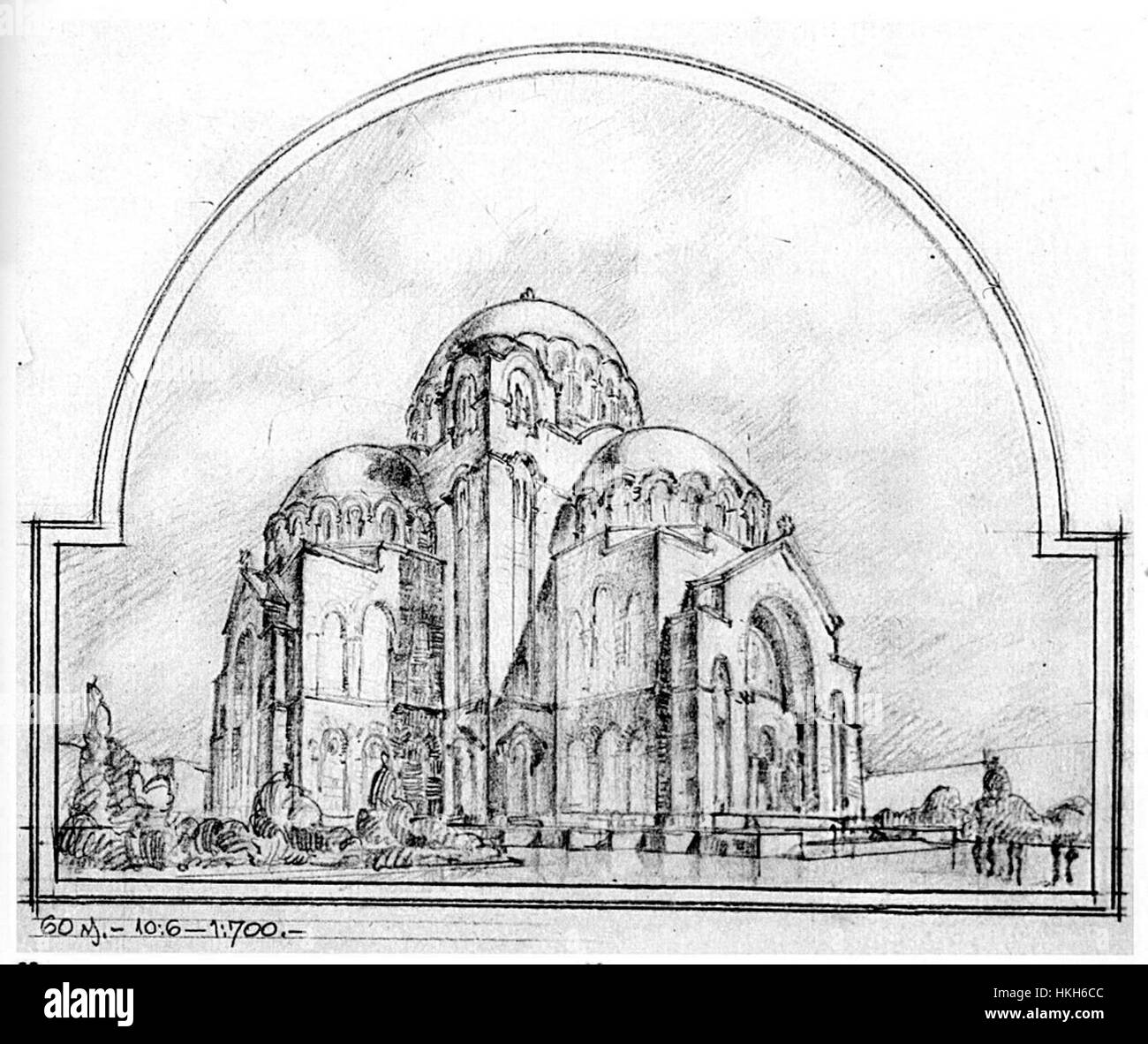 Questo schizzo prospettico del 1931 di Petar Anagnosti illustra un concorso degli architetti Bogdan Nestorovic e Aldeksandar Deroko. Presenta i loro concetti di design, enfatizzando la creatività e la prospettiva architettonica nel design degli inizi del XX secolo. Foto Stock